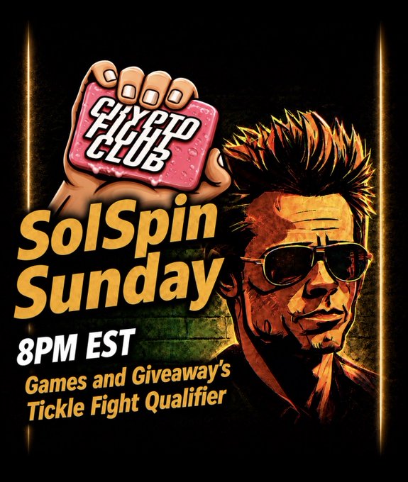 A promotional graphic for 'Crypto Fight Club' titled 'SolSpin Sunday' at '8PM EST', featuring an illustrated character with spiky hair and sunglasses, advertising 'Games and Giveaway's' and a 'Tickle Fight Qualifier'.
