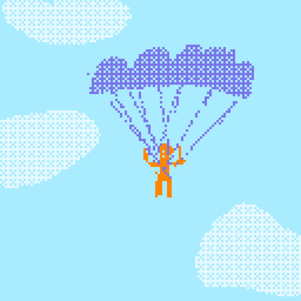 The image features a cartoon character, possibly an orange or yellow person, flying through the air with their arms outstretched as if they are parachuting from a cloud. The character appears to be wearing a parachute, which adds to the whimsical nature of the scene. The background consists of clouds and stars, creating a dreamy atmosphere that complements the overall theme of the image. The caption "30 cents splash" is likely an advertisement or promotional message related to the image's content.