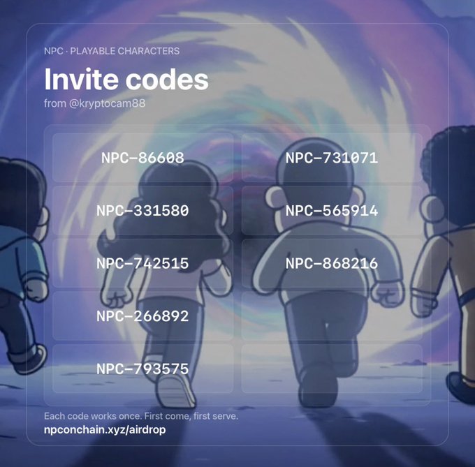 An 'Invite codes' graphic from @kryptocam88 for 'NPC · PLAYABLE CHARACTERS' showing eight codes (e.g., NPC-86608, NPC-731071) over an illustration of cartoon characters walking toward a portal, with a note that each code works once.