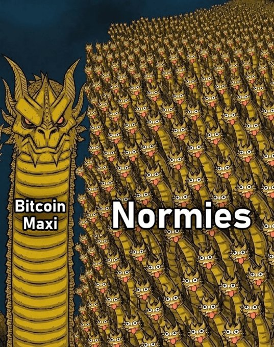 A meme featuring King Ghidorah from Godzilla, where the single large three-headed dragon is labeled "Bitcoin Maxi," and the massive swarm of identical smaller dragons is labeled "Normies."
