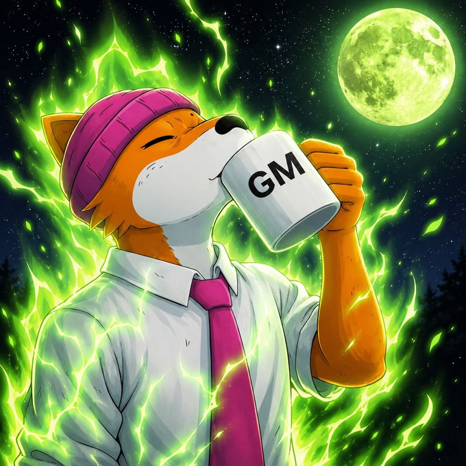 An anime-style Shiba Inu wearing a pink beanie and tie drinks from a white mug labeled "GM" against a dramatic backdrop of green flames and a glowing green moon, visually echoing the "gm" (good morning) greeting and the energetic comeback announcement "Yonko is back."