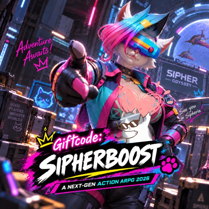 A promotional graphic for a video game features a colorful anthropomorphic character with the text 'Adventure Awaits!', 'Giftcode: SIPHERBOOST', 'A NEXT-GEN ACTION ARPG 2026', and 'SIPHER ODYSSEY'.