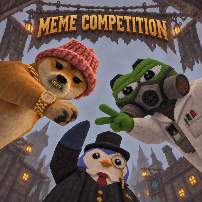 Three Meme Lord penguin avatars — one in a beanie flashing a gold watch, one in a gas mask throwing up peace signs, and one in a top hat with a monocle — pose dramatically beneath a "MEME COMPETITION" banner, visually promoting the Canton meme contest hosted by @OnePumpCC with a 2000 CC prize pool.