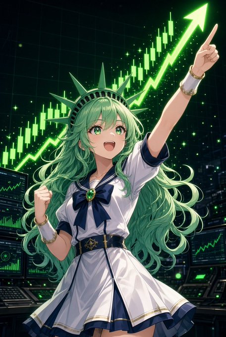 An enthusiastic anime character with green hair wearing a Statue of Liberty crown points excitedly at a glowing green upward-trending stock chart, visually capturing the bullish "PUMP" energy and excitement of the post announcing Liberty Smart Link™️'s return for easy PulseChain asset swaps.