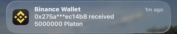 A mobile notification from Binance Wallet showing that address 0x275a***ec14b8 received 5,000,000 Platon tokens, received 1 minute ago.