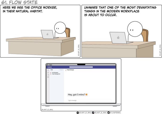 A comic strip titled "61. FLOW STATE" showing an office worker at a laptop who receives a Teams message saying "Hey, got 5 mins?" from a "Project Manager," illustrating a common workplace interruption.