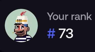 A digital screen displays a pixel art pirate character avatar on the left alongside the text "Your rank #73" in white and blue text on a dark background.
