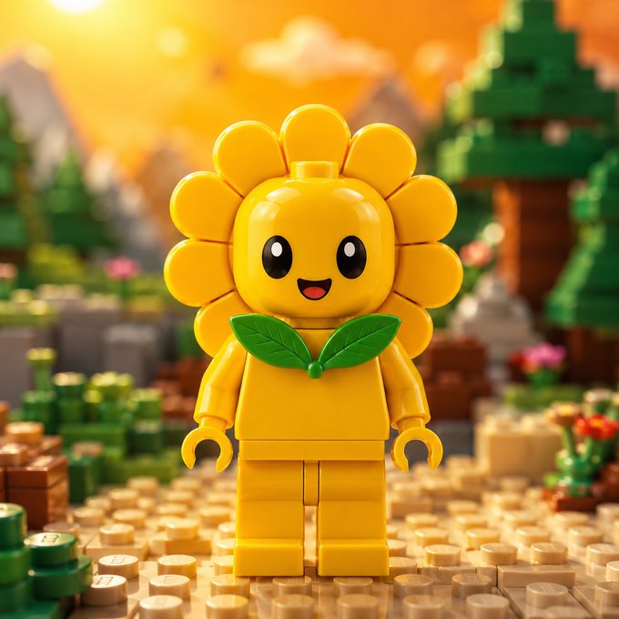 A 3D-rendered yellow LEGO-style flower character with green leaves, standing on a LEGO baseplate in a stylized garden landscape with trees and a sunset sky.