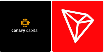 A split graphic showing two logos: 'canary capital' on a black background on the left and a white geometric diamond/gem icon on a red background on the right.