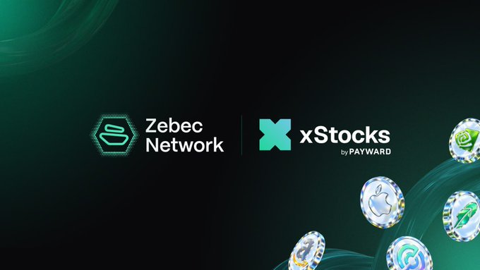 A branded graphic reads “Zebec Network | xStocks by PAYWARD,” with colorful coin-like tokens floating along green light trails.
