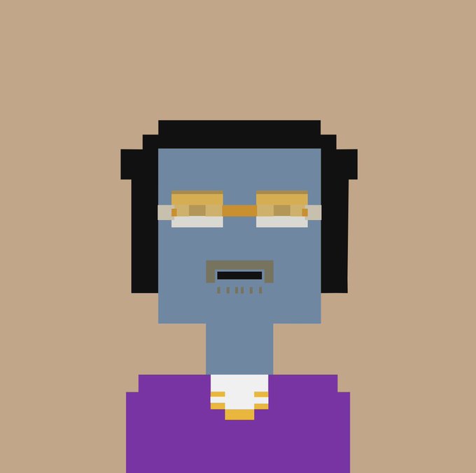 A pixel art portrait of a blue-skinned character wearing glasses, a purple suit, and a gold chain against a tan background.