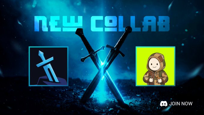 Promotional graphic announcing a "NEW COLLAB" partnership between two crypto projects, featuring crossed swords over a glowing blue background, flanked by the UnderTheHood hooded figure logo on the right and another blue sword emblem on the left, with a Discord "JOIN NOW" prompt in the corner.
