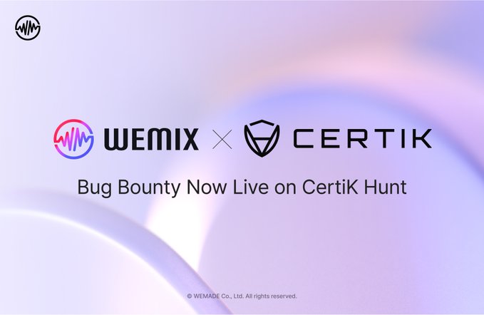 A promotional graphic announces a 'Bug Bounty Now Live on CertiK Hunt' collaboration between WEMIX and CERTIK, set against a purple gradient background.
