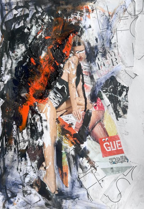 A mixed-media collage artwork depicting a female figure, featuring a 'GUE' label and the artist's signature 'JOTAH'.