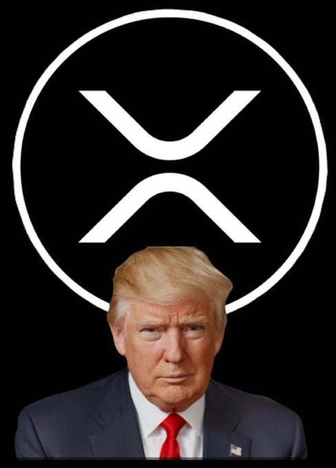 A composite image showing Donald Trump in a dark suit and red tie, positioned below a large white XRP cryptocurrency logo on a black background.