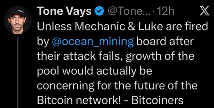 The image shows a tweet from Tone Vays (@ToneVays) stating that unless Mechanic and Luke are fired by the @ocean_mining board after their attack fails, growth of the pool would be concerning for the future of the Bitcoin network. This tweet relates to the accompanying post by expressing Tone Vays's public criticism of certain individuals in the Bitcoin mining space, which the commenter found surprising given their friendly relationship, noting that a friend would typically reach out privately before making public attacks.