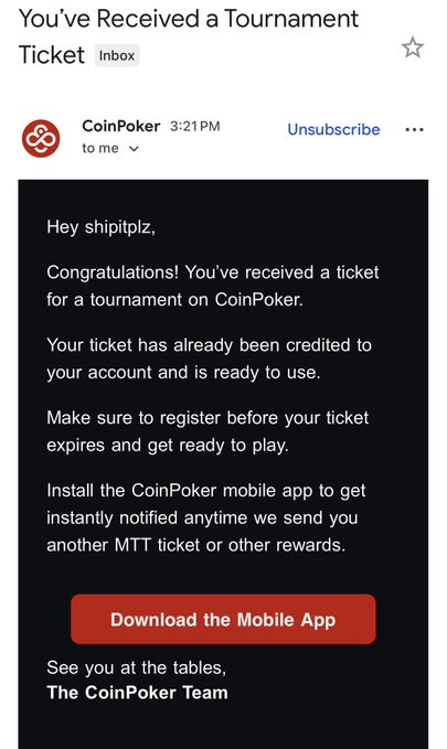 Email from CoinPoker notifying a user they have received a tournament ticket and prompting them to download the mobile app.