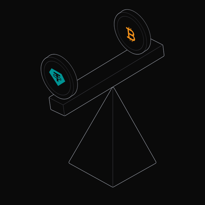 A seesaw illustration with a Bitcoin coin on one side and a teal cryptocurrency coin on the other, tilted against a black background.