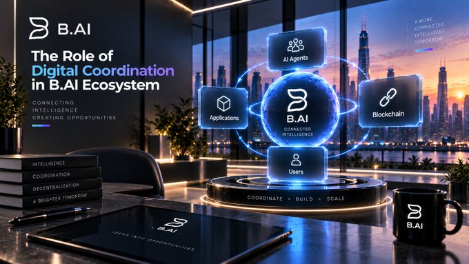 A digital advertisement features the "B.AI" logo and the text "The Role of Digital Coordination in B.AI Ecosystem," showcasing a glowing central hub connected to icons for AI Agents, Applications, Blockchain, and Users.