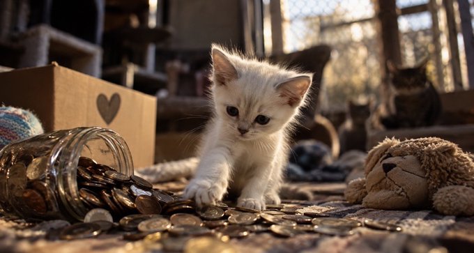A small white kitten stands among a spilled jar of coins next to a teddy bear and cardboard box decorated with a heart, symbolizing the charitable purpose behind the $MIMI token.

(Note: No visible text, numbers, tickers, or names appear in the image itself.)