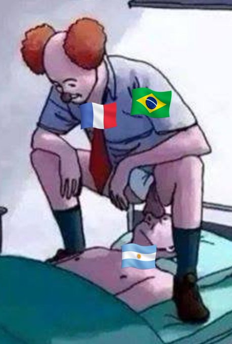 A cartoon drawing of a man sitting on the edge of a map of South America, defecating on the region marked with the Argentine flag, while the French and Brazilian flags are superimposed on his body.