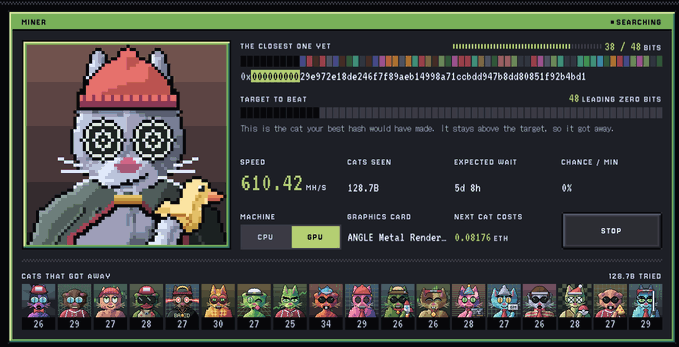 A pixel-art cryptocurrency mining interface featuring a cat character wearing sunglasses and a red hat, showing stats like 'SPEED 610.42 MH/S', 'CATS SEEN 120.78', and a progress bar at 38/40 bits.