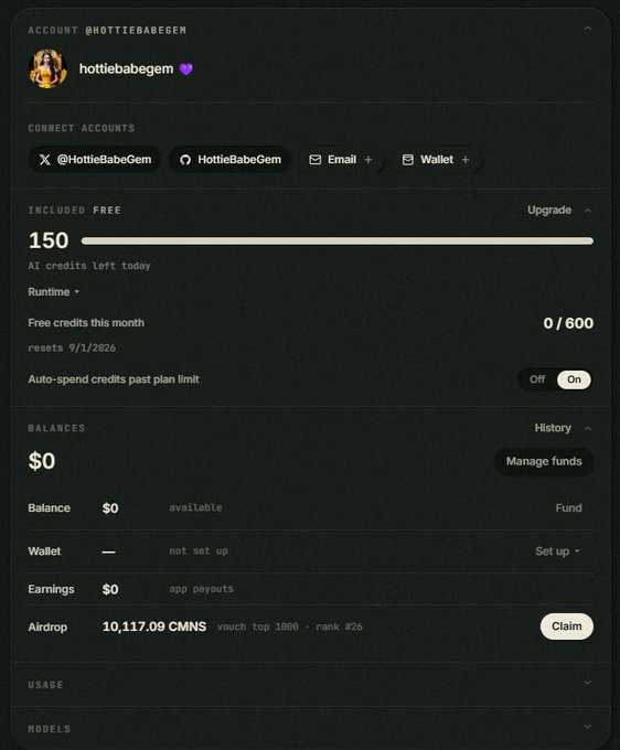 A user dashboard on CMNS showing a balance of 10,117.09 CMNS tokens (worth top 1000, rank #26) with an active "Claim" button for the airdrop, illustrating the unexpected token accumulation referenced in the giveaway announcement.