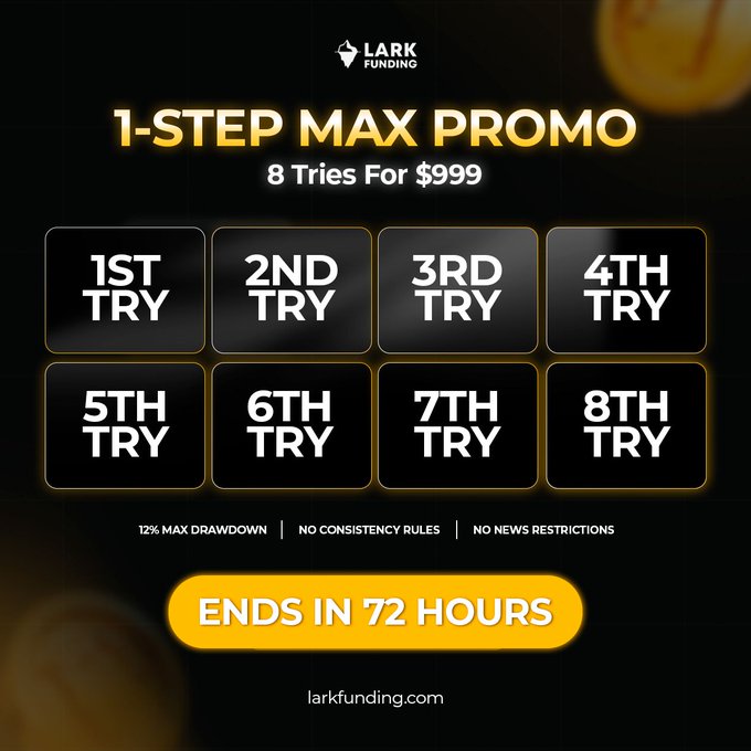 A promotional advertisement for Lark Funding's '1-STEP MAX PROMO' offering 8 tries for $999, featuring 8 numbered try buttons and a countdown timer stating 'ENDS IN 72 HOURS'.