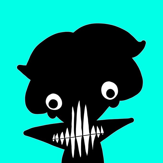 A black silhouette of a cartoonish character with large round white eyes, a wide mouth full of sharp jagged teeth, and a wide head shape, set against a solid teal background.
