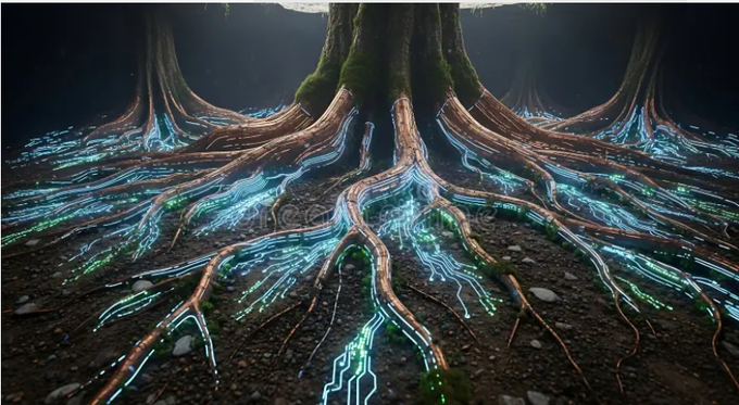 A tree's sprawling root system illuminated with glowing circuit-like patterns symbolizes how CNPY Network's NestBFT consensus grows stronger with age, rewarding long-term stakers who reinforce the protocol's security.