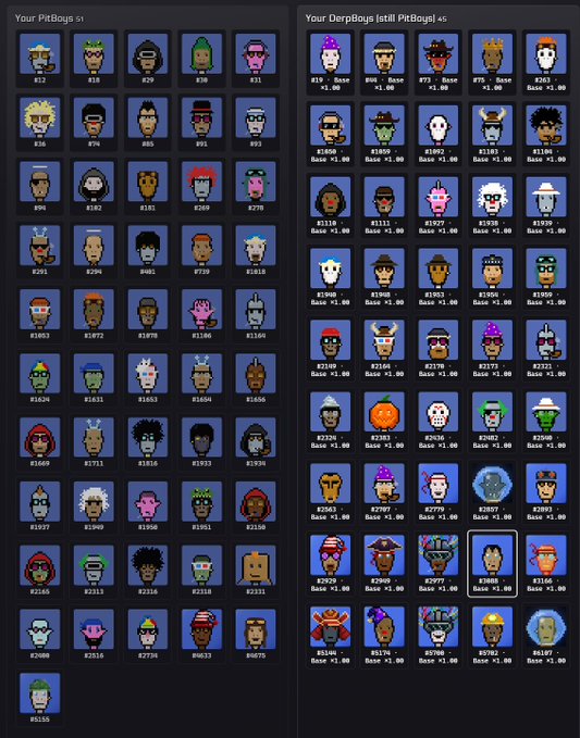 Two side-by-side pixel-art PitBoys collections from Stonkpit.xyz are displayed: the left panel shows "Your PitBoys 51" with character indices #12 through #5155, while the right panel displays "Your DerpBoys [still PitBoys] 45" with most characters labeled "Base +1.00" (highlighting #3088, the freshly certified Index 90 DERP character that was just mined at 1.25x).