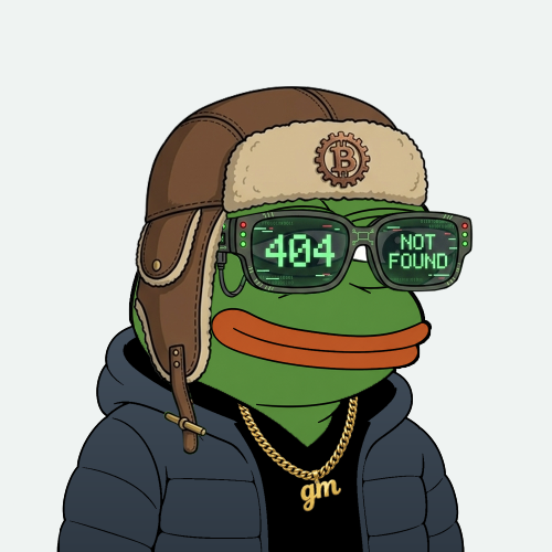 A cartoon frog wearing a trapper hat, sunglasses displaying '404 NOT FOUND', and a gold chain with a 'gm' pendant.