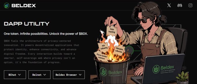 A Beldex 'DAPP UTILITY' webpage banner with the text 'One token. Infinite possibilities. Unlock the power of $BDX,' featuring an anime-style illustration of a person burning traditional web concerns like 'Data tracking' and 'Ad tracking' in a Beldex-branded fire.