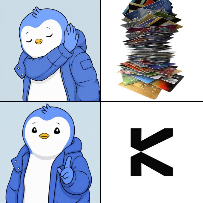 A four-panel meme featuring a blue penguin mascot rejecting a tall stack of colorful cards, then approving a black letter 'K' logo.