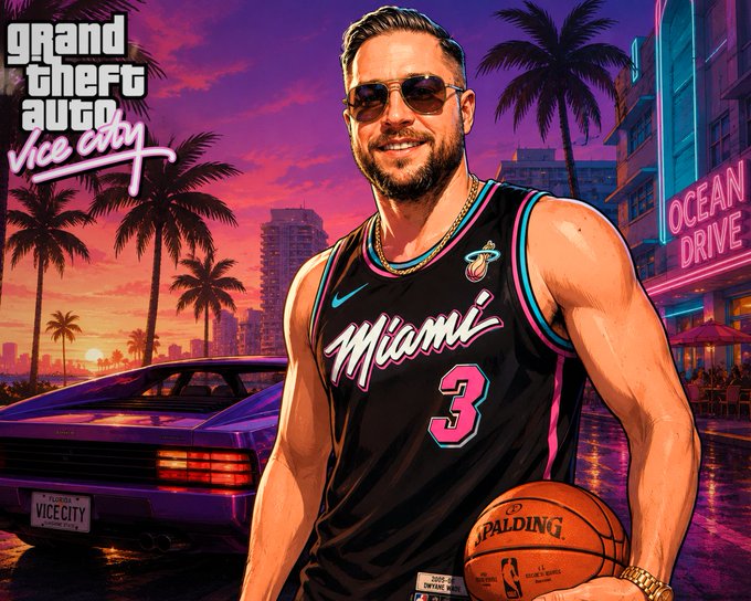 A stylized GTA Vice City-themed digital illustration shows a smiling man in sunglasses and a Miami Heat #3 jersey holding a Spalding basketball, set against a sunset cityscape with palm trees and an 'OCEAN DRIVE' sign.