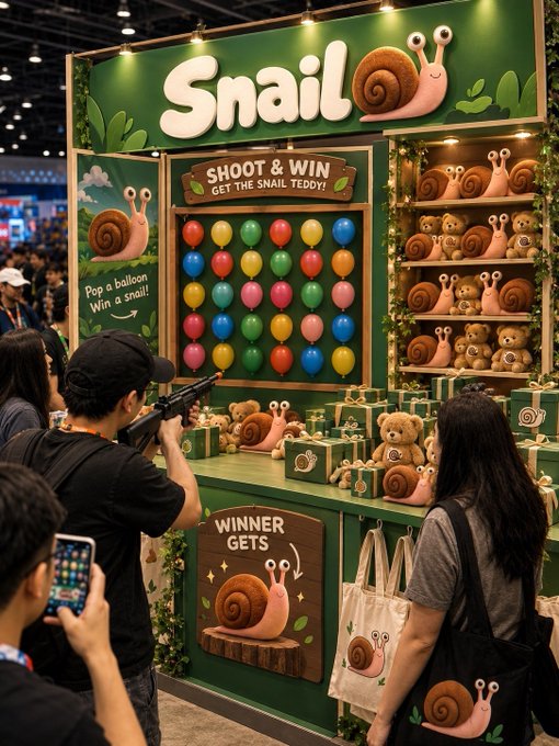 A colorful booth at what appears to be a convention, featuring a 'SNAIL' carnival game called 'Shoot & Win' with balloons, plush snails, and teddy bear prizes.
