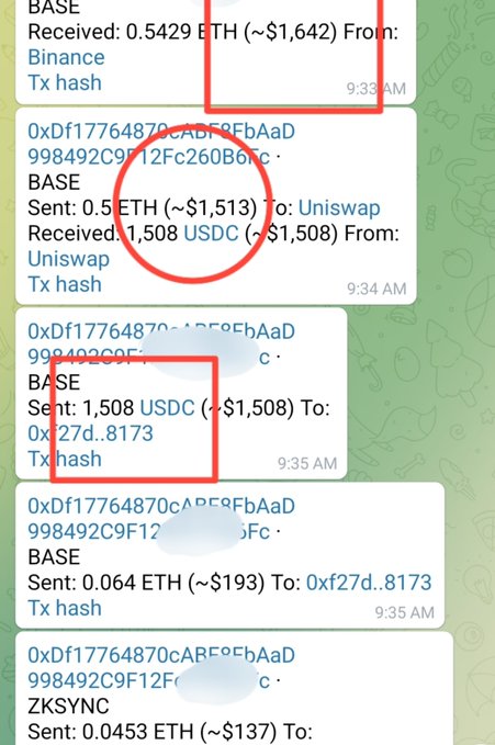 The image displays a series of suspicious transaction notifications on Base network showing rapid token swaps—exchanging ETH for 1,508 USDC, then sending those USDC and additional ETH to an unfamiliar address (0x27d..8173)—suggesting the user's wallet was drained following their $LINEA airdrop claim, illustrating the hack that lost them over $5K.