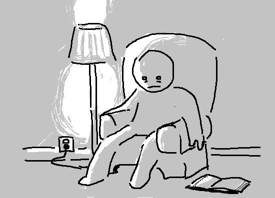 A simple line drawing of a sad figure sitting in a chair beside a lamp, with an open book on the floor and a power outlet nearby, conveying a melancholic or lonely mood.