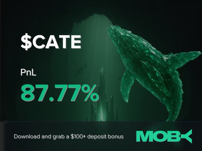 The image is a promotional win alert for the MOBX (Moby) mobile app, featuring a green whale graphic and highlighting a successful trade of $CATE with an impressive PnL of +87.77%, along with a call-to-action offering a $100+ deposit bonus. The design reinforces the post's celebration of a trader's profitable position, visually tying the "whale" trader metaphor to the substantial gains achieved.