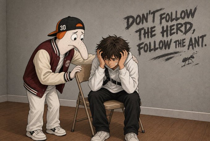 An illustrated cartoon shows a figure in a varsity jacket consoling a seated person, with the wall text reading 'DON'T FOLLOW THE HERD, FOLLOW THE ANT.'