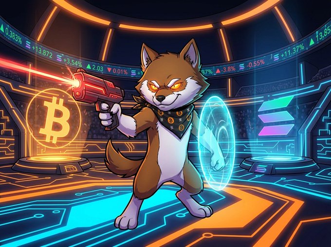 An anthropomorphic fox wearing a Bitcoin bandana fires a red blaster at a glowing Bitcoin emblem in a futuristic neon arena, with holographic stock tickers displaying percentages like "+13.87%", "+3.54%", "-0.01%", "-0.55%", "-3.8%", and "+11.37%" floating around. The image fits the post's "Start winning $SOL Play solgun.gg" theme by depicting a sharpshooting crypto mascot in a high-stakes gaming battleground, promoting the Solana-based shoot-to-earn game.