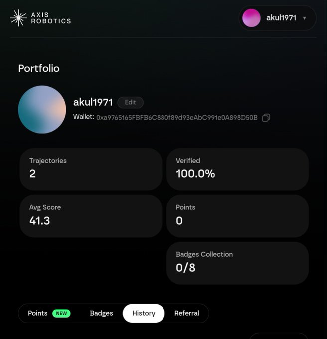 A screenshot of an 'AXIS ROBOTICS' portfolio page for user 'akul1971', showing 2 trajectories, a 100.0% verified rate, an average score of 41.3, 0 points, and 0/8 badges collected.