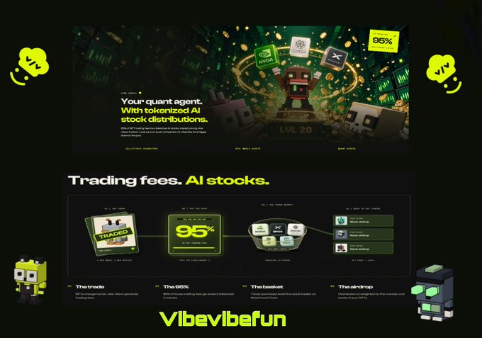 An advertisement for 'Vibevibefun,' featuring a pixel-art robot character, with text promoting tokenized AI stock distributions, trading fees, and detailing a referral program offering a 95% bonus and airdrop incentives.