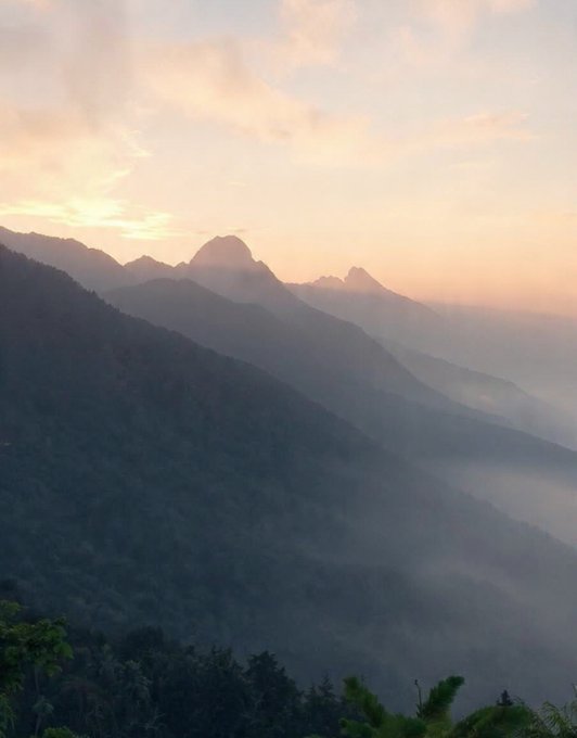 A serene landscape photograph of mist-covered mountain ranges at sunrise or sunset with golden clouds filling the sky.