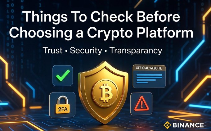 The image features a gold shield with a Bitcoin symbol at its center, surrounded by various icons related to cryptocurrency platforms. The text "Things To Check Before Choosing A Crypto Platform" is written above the shield, indicating that this image is part of a series or guide about choosing a suitable crypto platform.