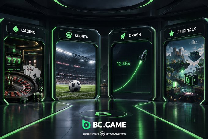 A promotional graphic for BC.GAME gambling platform displaying four categories: Casino, Sports, Crash, and Originals, with the BC.GAME logo and a notice that it is 'NOT AVAILABLE FOR UK.'