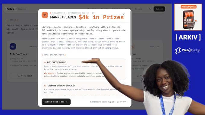 A composite image showing a webpage titled "MARKETPLACES $4k in Prizes" describing a bounty program with a call for ideas, alongside a smiling woman gesturing towards the screen, with "[ARKIV] Web3 Bridge" branding on the right.