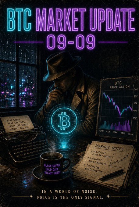 A neon-styled poster titled 'BTC MARKET UPDATE 09-09' showing a man in a fedora and trench coat analyzing a glowing Bitcoin hologram, alongside a 'BTC Price Action' chart and market notes, with the tagline 'IN A WORLD OF NOISE, PRICE IS THE ONLY SIGNAL.'