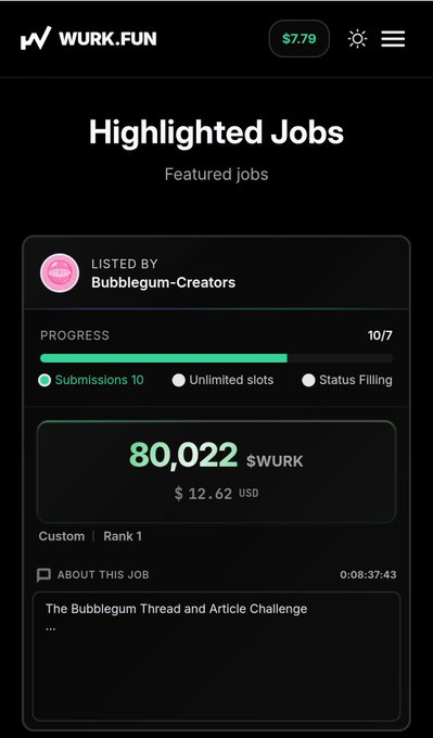 The image shows a phone screen displaying information about a job listing for a job at Solana. The user has been using WURKDOTFUN to complete small tasks, which have earned them $WURK. They are now looking for another way to earn on Solana and have found the post that provides instructions on how to do so.