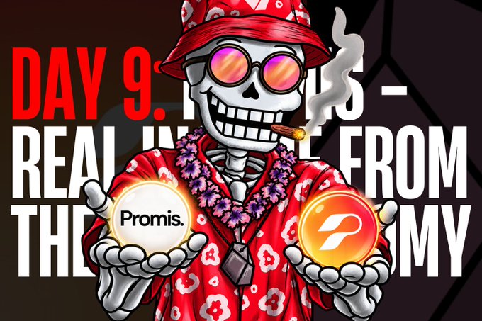 A cartoon skeleton wearing a red Hawaiian shirt, red bucket hat, and sunglasses while smoking a cigar, holding a 'Promis' ball and a Stellar logo ball, with text reading 'DAY 9.' and 'REAL INCOME FROM THE ECONOMY'.